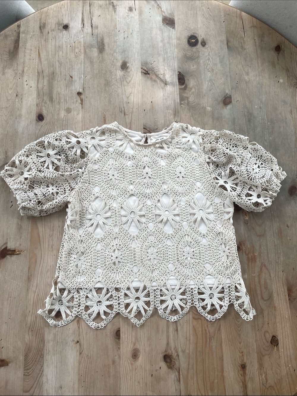 Crochet Cropped Lace Puff Sleeve Blouse - Cream Coastal Euro Summer